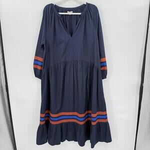 Women's Sundry - Anthro Varsity Stripe Cotton Poplin Midi Navy Blue Dress Medium